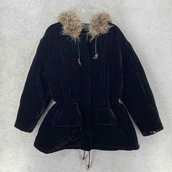 STUNNING Ralph Lauren Black Velvet Silk‎ Coat SMALL Faux Fur Hooded Parka Jacket - Picture 1 of 16